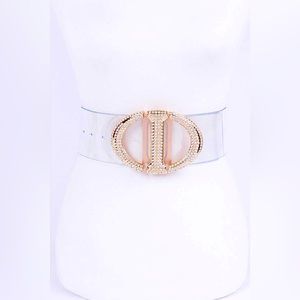 Gold & Rhinestone Buckle Clear PVC Statement Belt